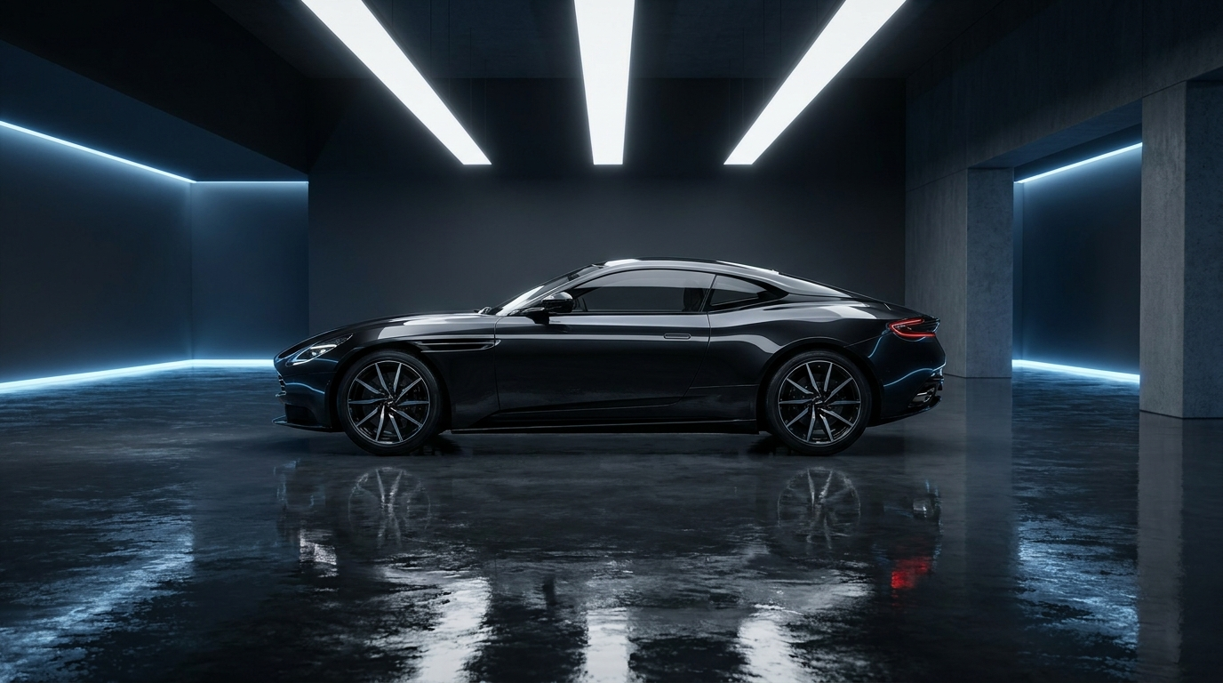 Glossy dark car side profile in a studio